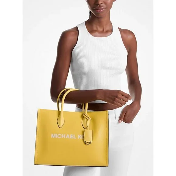 New Michael Kors Mirella Medium Pebbled Leather Tote Bag Golden Yellow